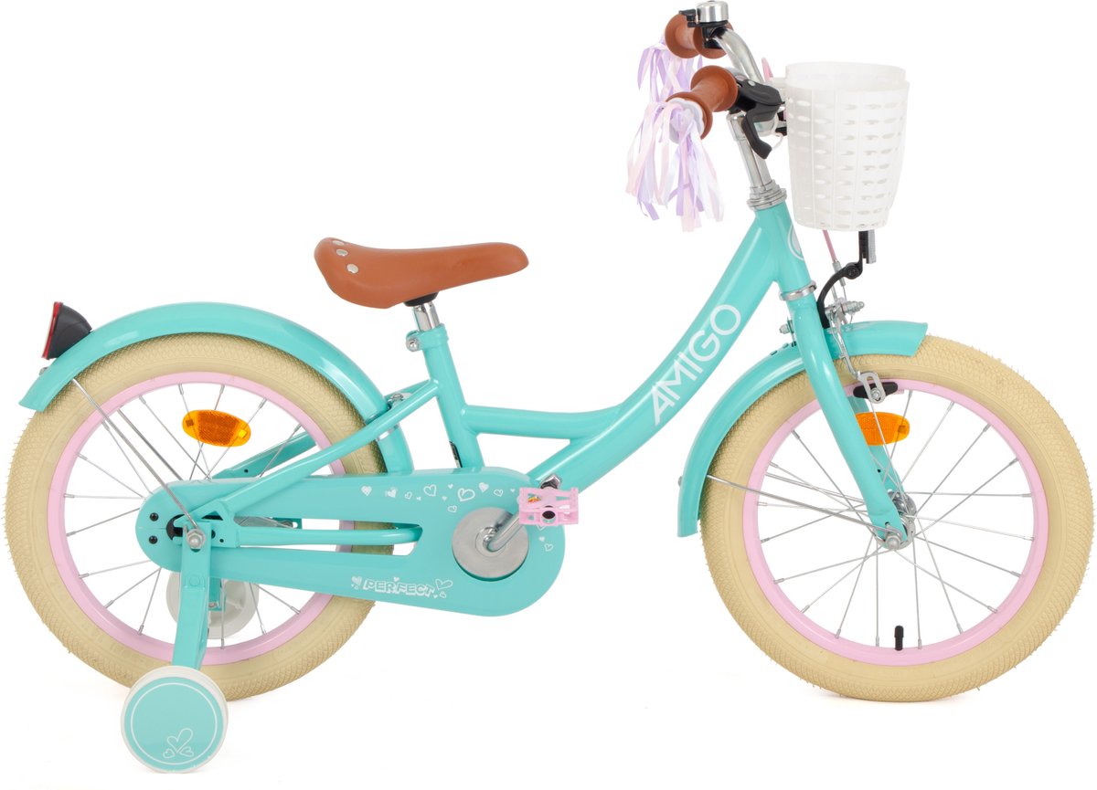 AMIGO Perfect Meisjesfiets - Kinderfiets voor Meisjes - 16 Inch 23,5 cm - Terugtraprem - Turquoise Kinderfiets kopen online