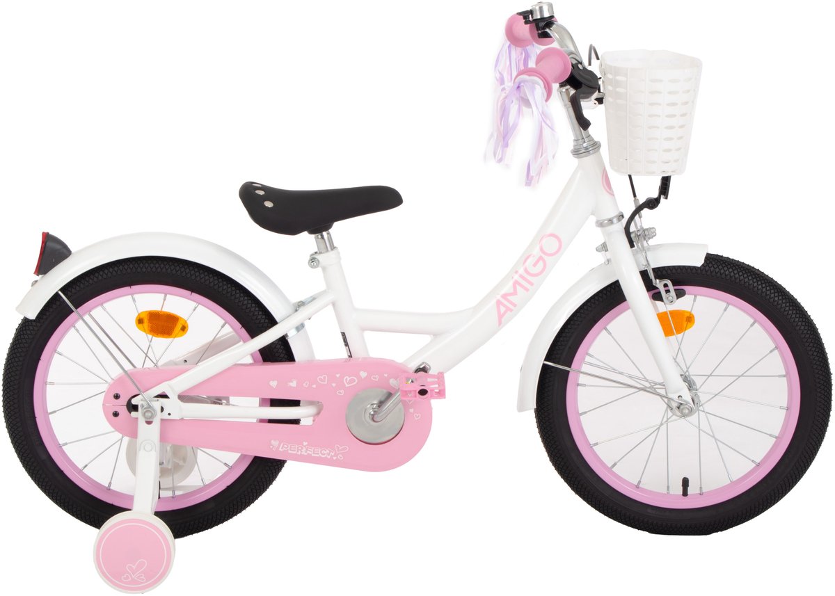 amigo perfect meisjesfiets kinderfiets voor meisjes 16 inch 23 5 cm terugtraprem wit roze
