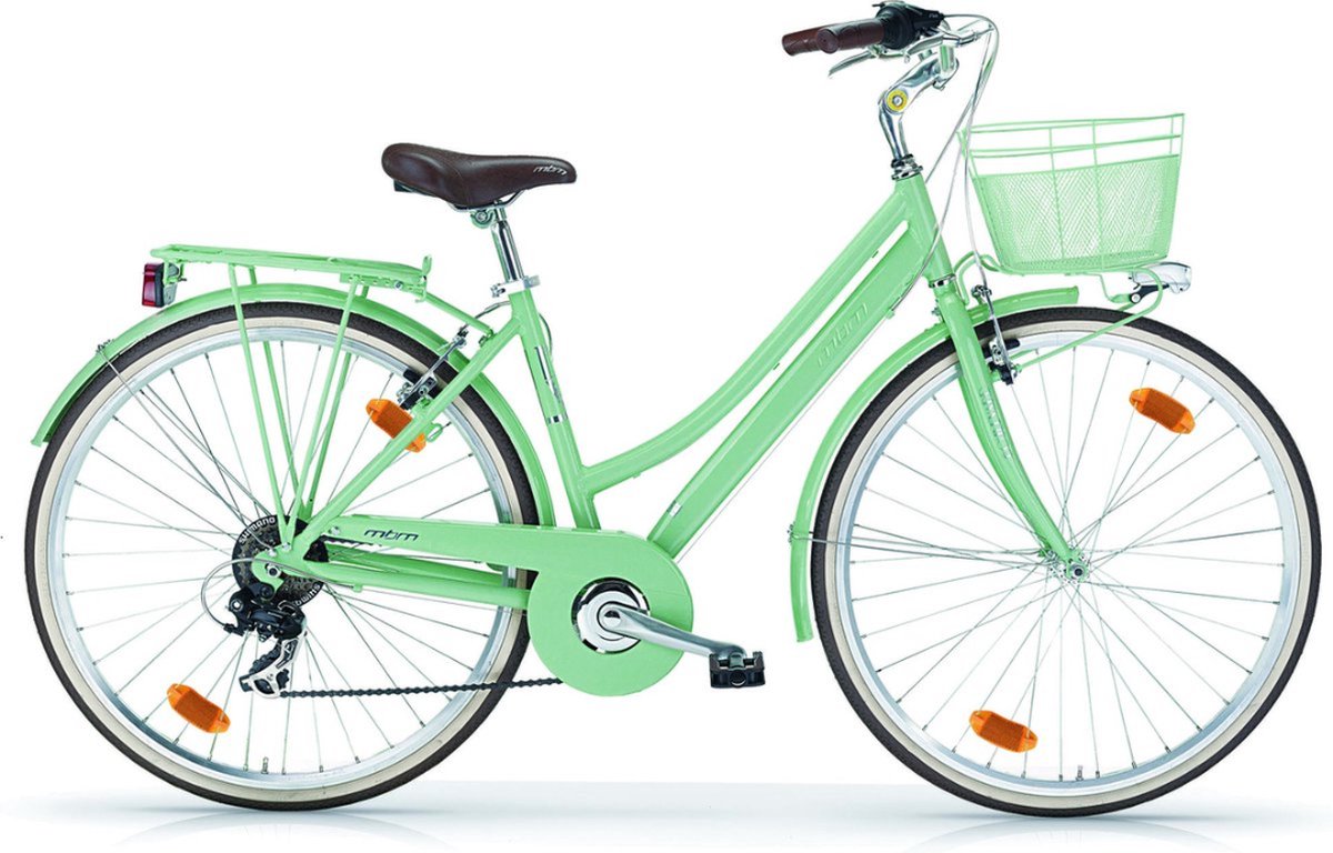 damesfiets hybride stadsfiets 28 inch met 18 versnellingen fietsmandje framemaat 46 cm v brakes en remhendels mintgroen