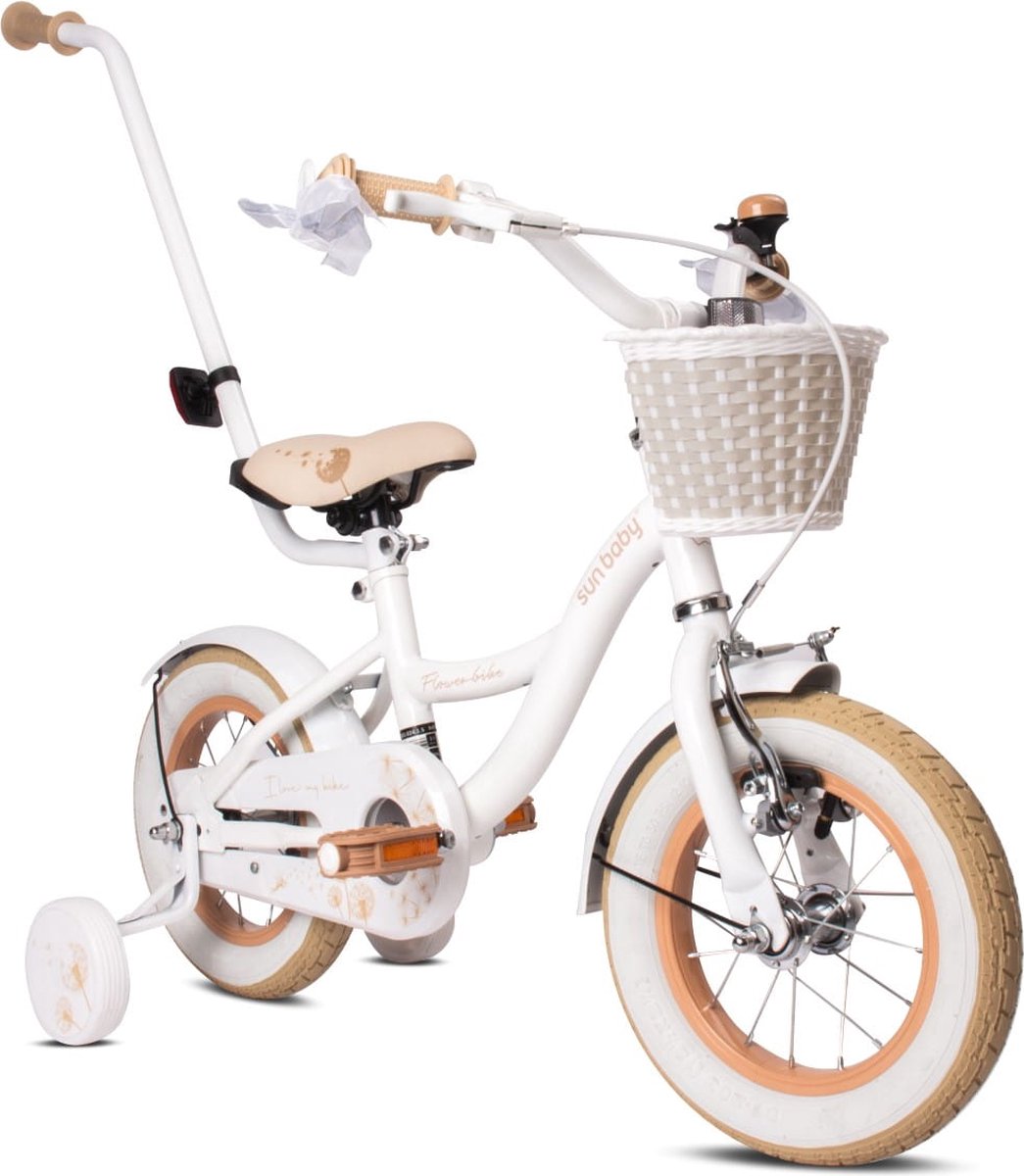 Flower Bike Fiets voor een meisje van 2 tot 4 jaar, 12 inch Wit Beige, met fietsbel, zijwieltjes, duwstang en stuurmandje Kinderfiets kopen online