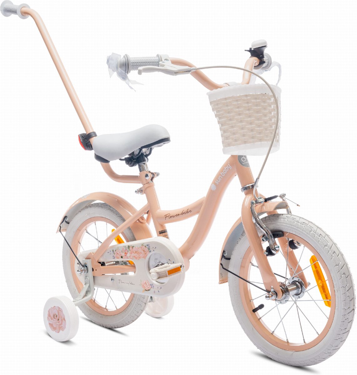 flower bike fiets voor een meisje van 3 tot 5 jaar 14 inch abrikoos met fietsbel zijwieltjes duwstang en stuurmandje