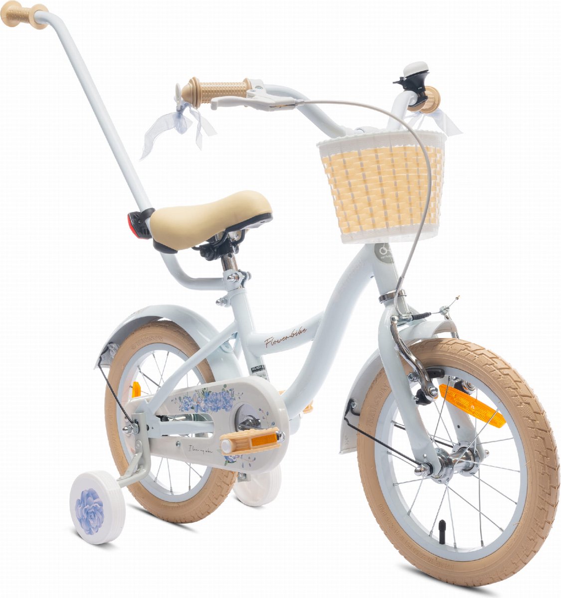 Flower Bike Fiets voor een meisje van 3 tot 5 jaar, 14 inch Baby blue, met fietsbel, zijwieltjes, duwstang en stuurmandje Kinderfiets kopen online