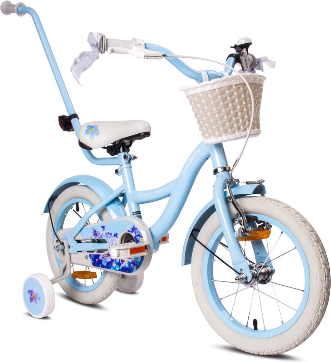 Flower Bike Fiets voor een meisje van 3 tot 5 jaar, 14 inch Blauw, met fietsbel, zijwieltjes, duwstang en stuurmandje Kinderfiets kopen online