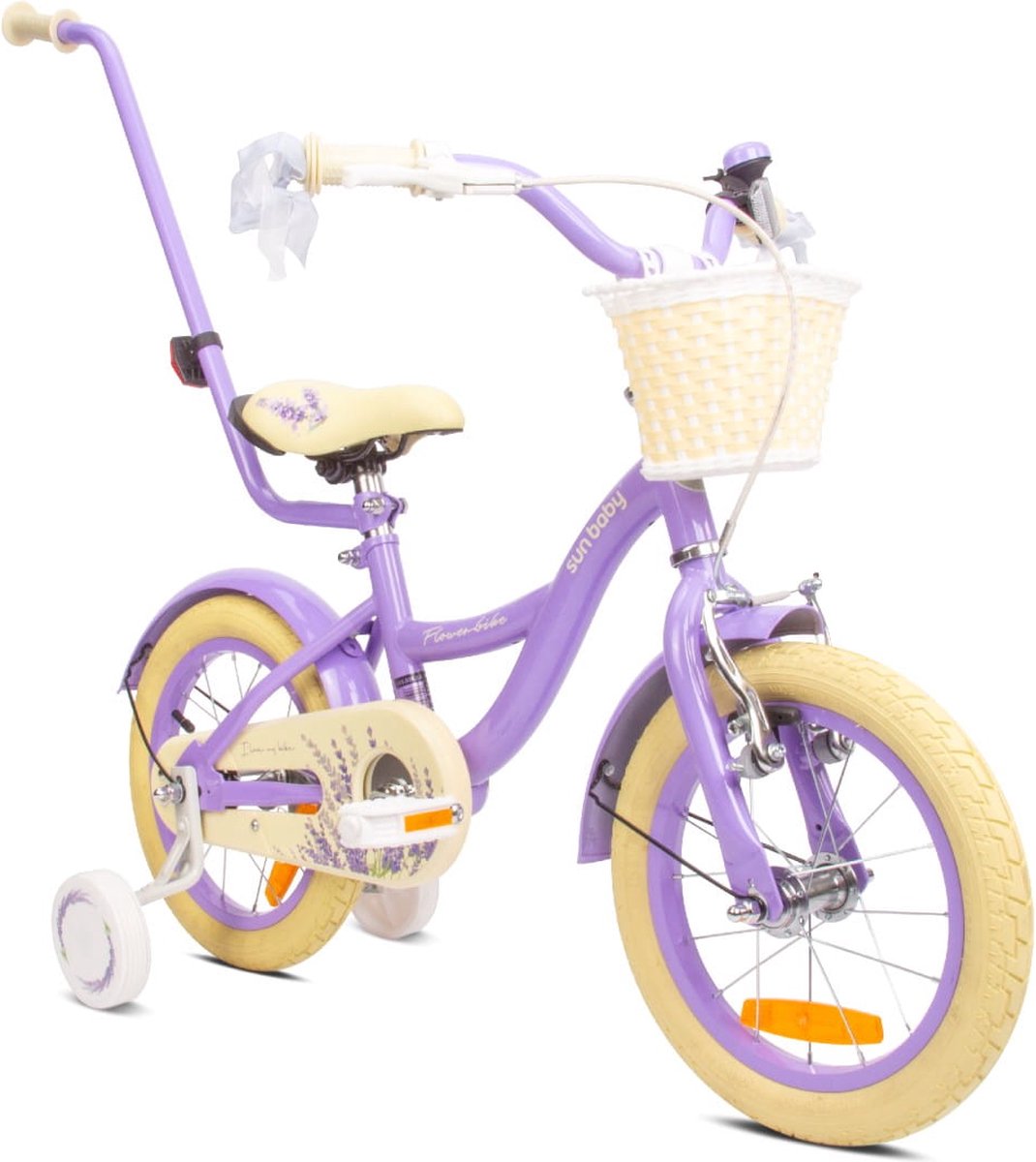 Flower Bike Fiets voor een meisje van 3 tot 5 jaar, 14 inch Lavendel, met fietsbel, zijwieltjes, duwstang en stuurmandje Kinderfiets kopen online