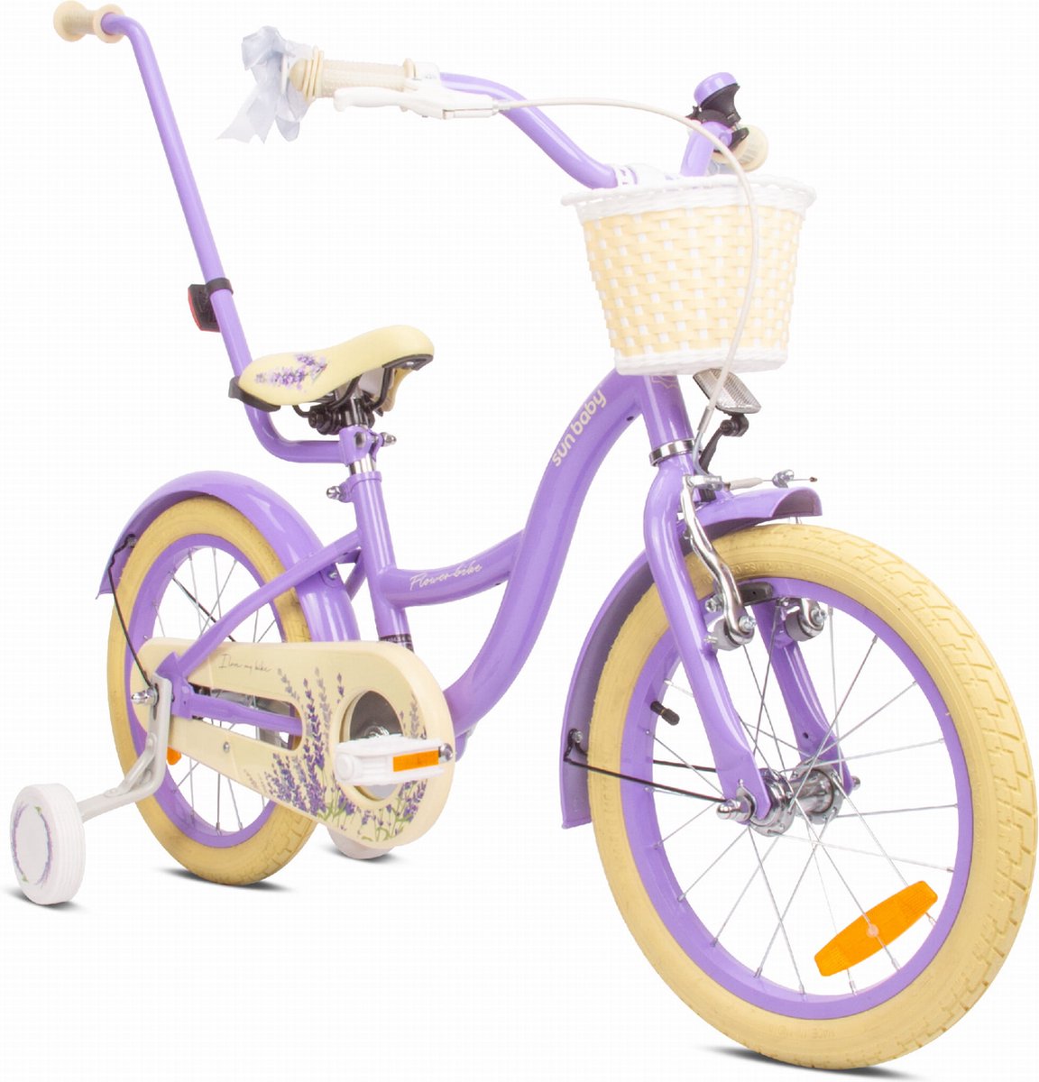 Flower Bike Fiets voor een meisje van 3 tot 5 jaar, 16 inch Lavendel, met fietsbel, zijwieltjes, duwstang en stuurmandje Kinderfiets kopen online