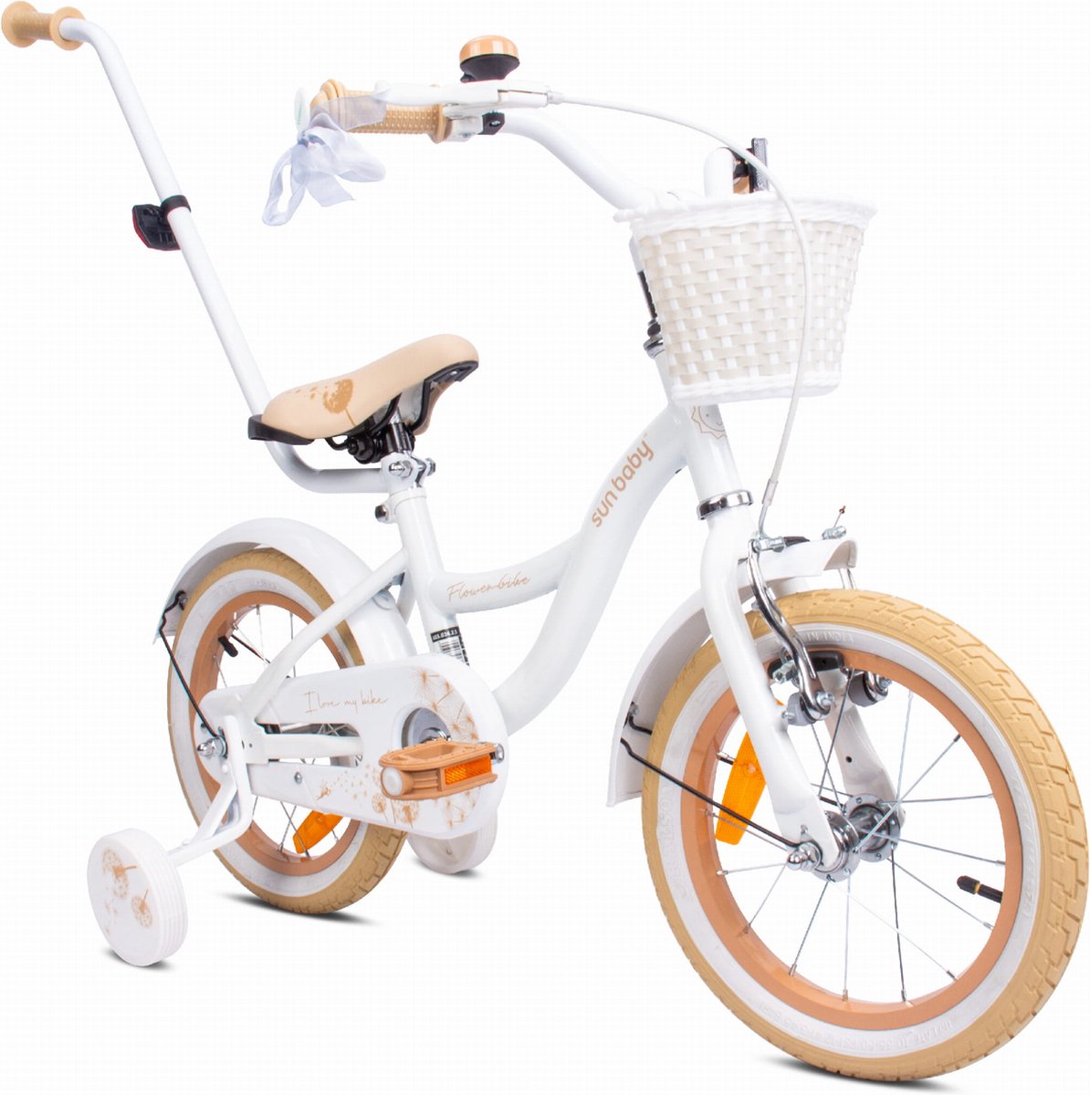 Flower Bike Fiets voor een meisje van 4 tot 6 jaar, 14 inch Wit Beig, met fietsbel, zijwieltjes, duwstang en stuurmandje Kinderfiets kopen online