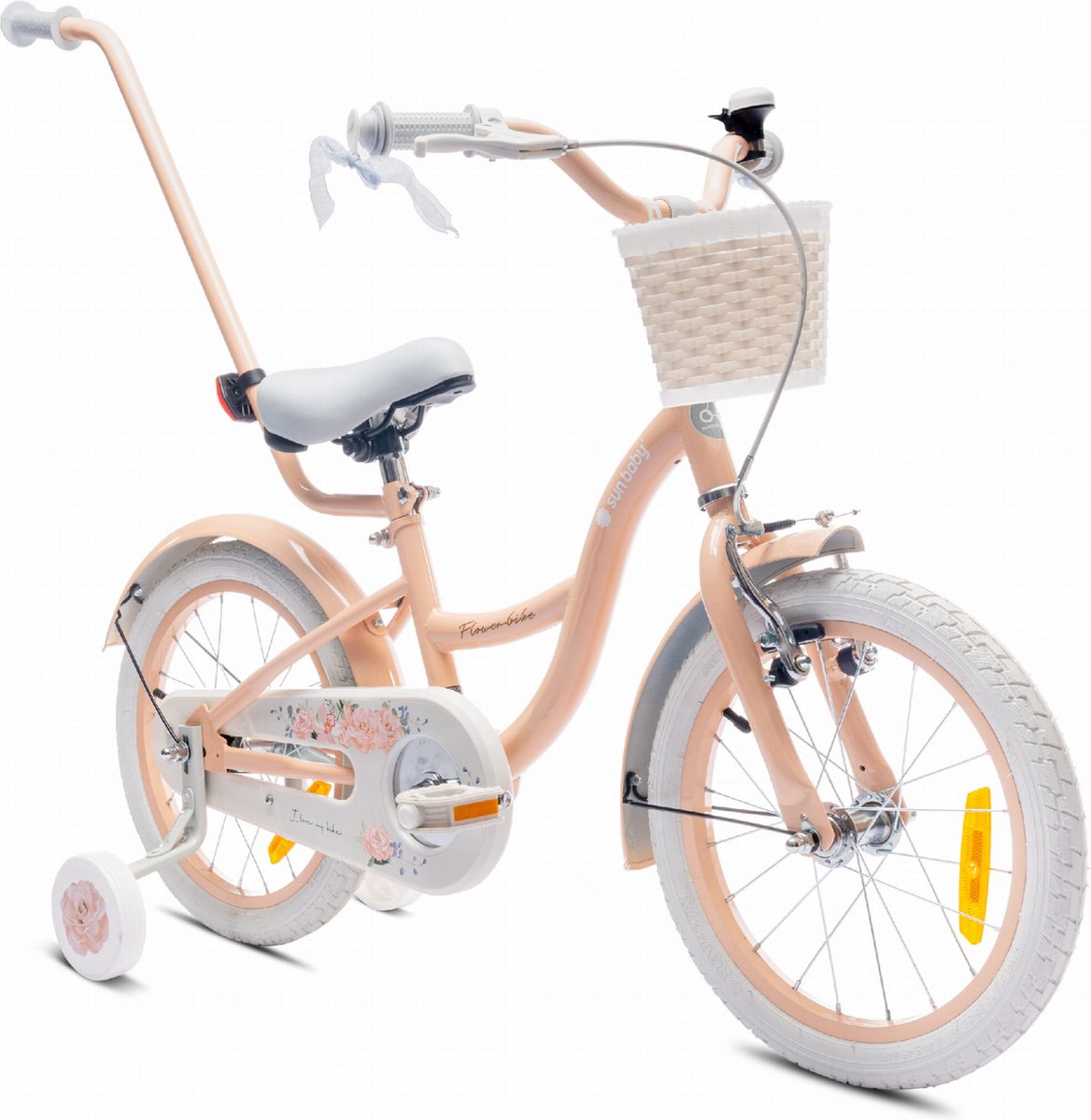 Flower Bike Fiets voor een meisje van 4 tot 6 jaar, 16 inch Abrikoos, met fietsbel, zijwieltjes, duwstang en stuurmandje Kinderfiets kopen online
