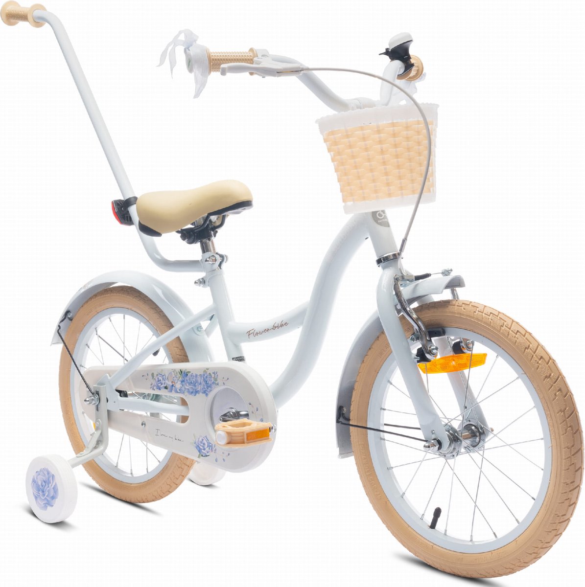 Flower Bike Fiets voor een meisje van 4 tot 6 jaar, 16 inch Baby blue, met fietsbel, zijwieltjes, duwstang en stuurmandje Kinderfiets kopen online