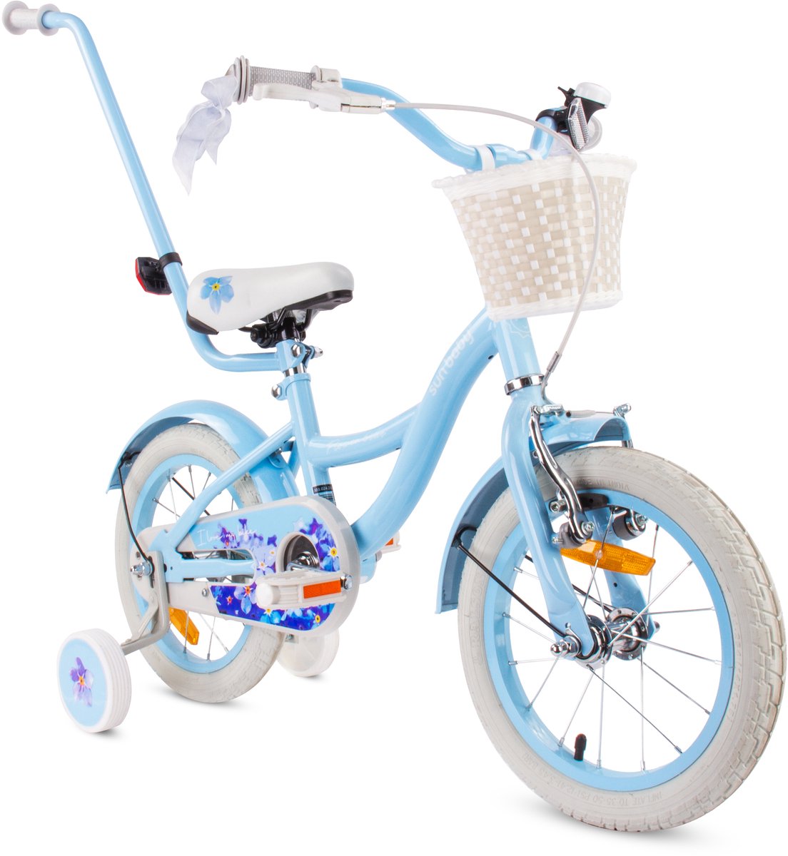 Flower Bike Fiets voor een meisje van 4 tot 6 jaar, 16 inch Blauw, met fietsbel, zijwieltjes, duwstang en stuurmandje Kinderfiets kopen online