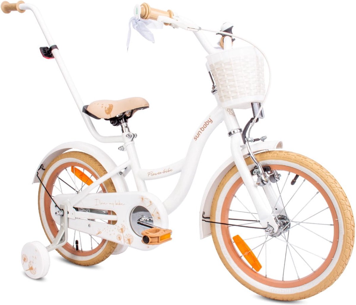 Flower Bike Fiets voor een meisje van 4 tot 6 jaar, 16 inch Wit Beig, met fietsbel, zijwieltjes, duwstang en stuurmandje Kinderfiets kopen online