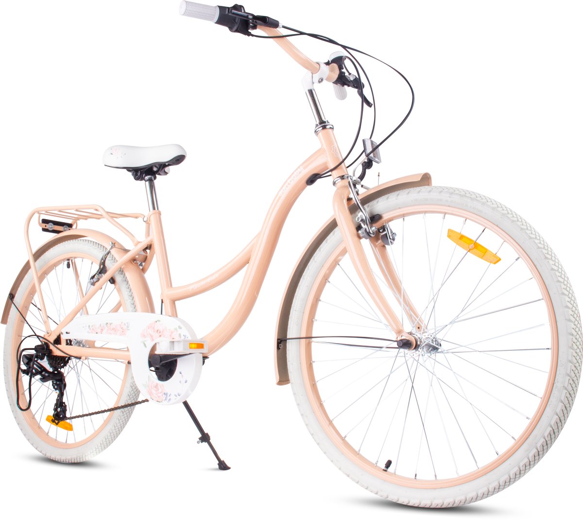 Flower Bike Kinderfiets 24 inch meisjes van 8 tot 12 jaar, Abrikoos, Fiets voor een meisje met 7 versnellingen, bagagedrager, metalen spatborden, V-brake, kettingkast Kinderfiets kopen online