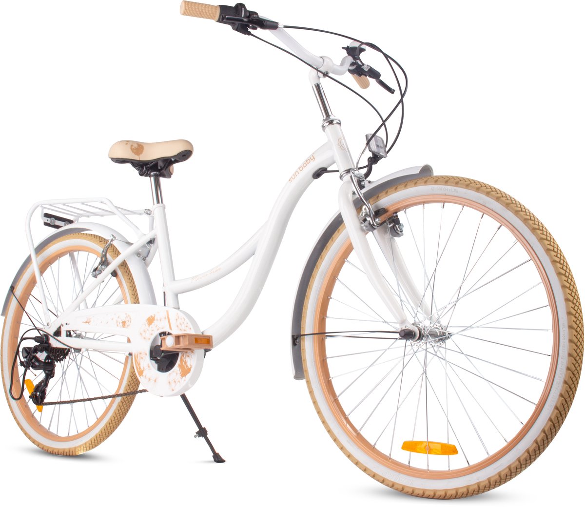 flower bike kinderfiets 24 inch meisjes van 8 tot 12 jaar beige en wit fiets voor een meisje met 7 versnellingen bagagedrager metalen spatborden v brake kettingkast