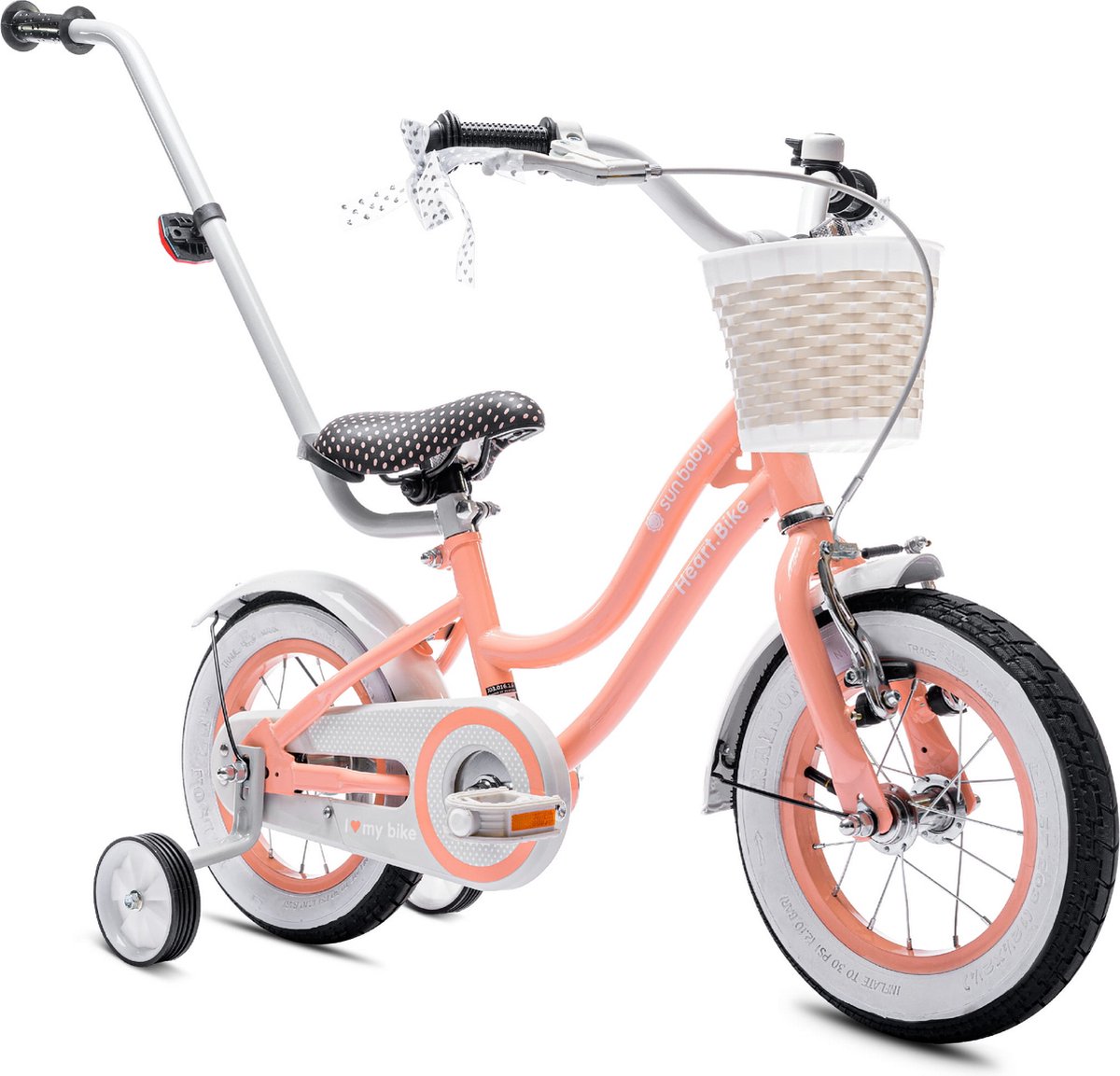 Heart Bike Fiets voor een meisje van 2 tot 4 jaar, 12 inch Abrikoos, met fietsbel, zijwieltjes, duwstang en stuurmandje Kinderfiets kopen online