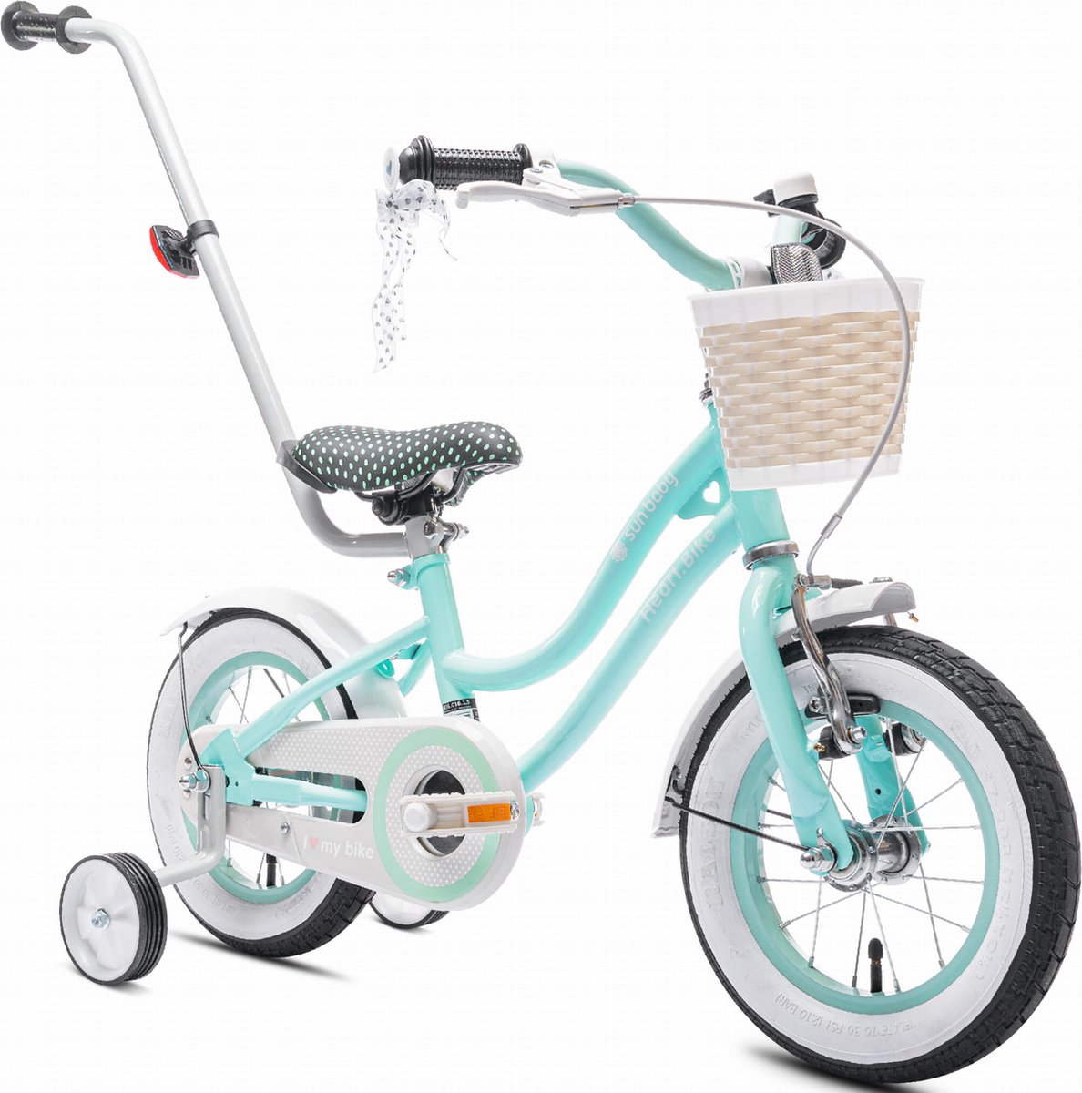 Heart Bike Fiets voor een meisje van 2 tot 4 jaar, 12 inch Mint, met fietsbel, zijwieltjes, duwstang en stuurmandje Kinderfiets kopen online