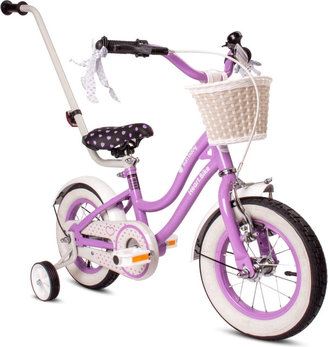 Heart Bike Fiets voor een meisje van 2 tot 4 jaar, 12 inch Paars, met Duwstang, Mand, Bel Kinderfiets kopen online