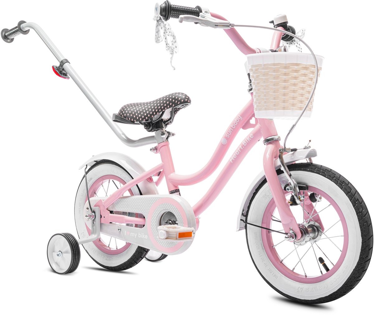 Heart Bike Fiets voor een meisje van 2 tot 4 jaar, 12 inch Roze, met fietsbel, zijwieltjes, duwstang en stuurmandje Kinderfiets kopen online
