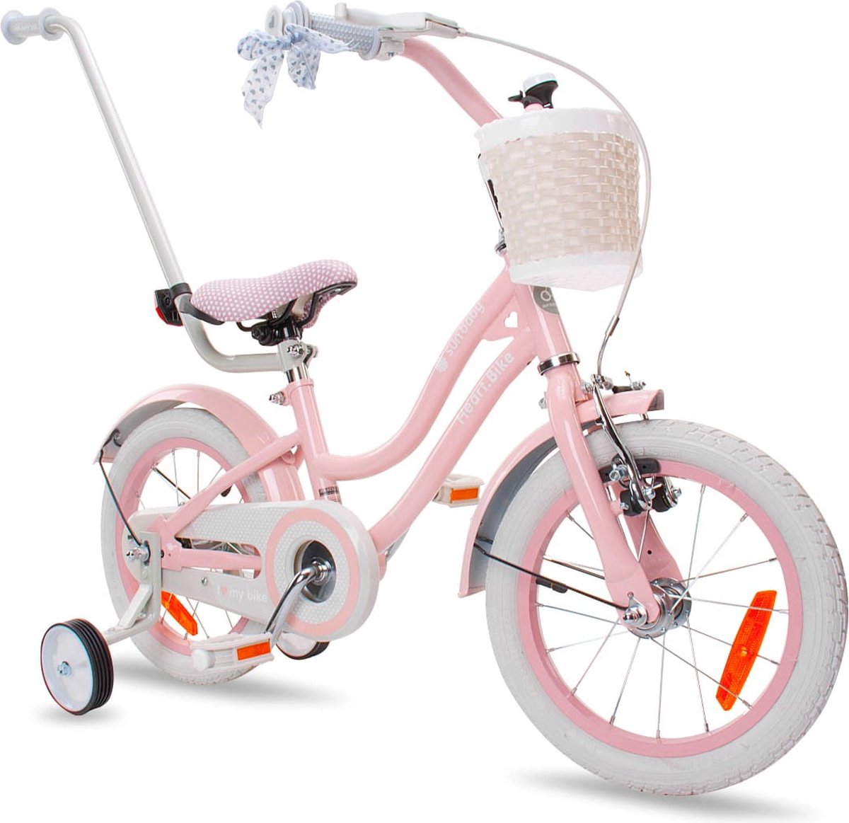 Heart Bike Fiets voor een meisje van 2 tot 6 jaar, 14 inch Silver Moon Roze, met fietsbel, zijwieltjes, duwstang en stuurmandje Kinderfiets kopen online