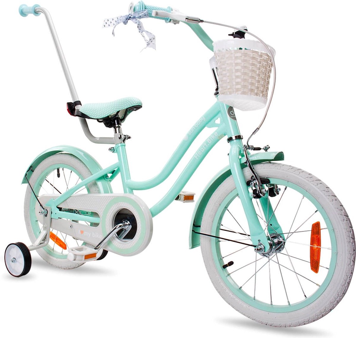 Heart Bike Fiets voor een meisje van 2 tot 6 jaar, 16 inch Silver Moon Mint, met fietsbel, zijwieltjes, duwstang en stuurmandje Kinderfiets kopen online
