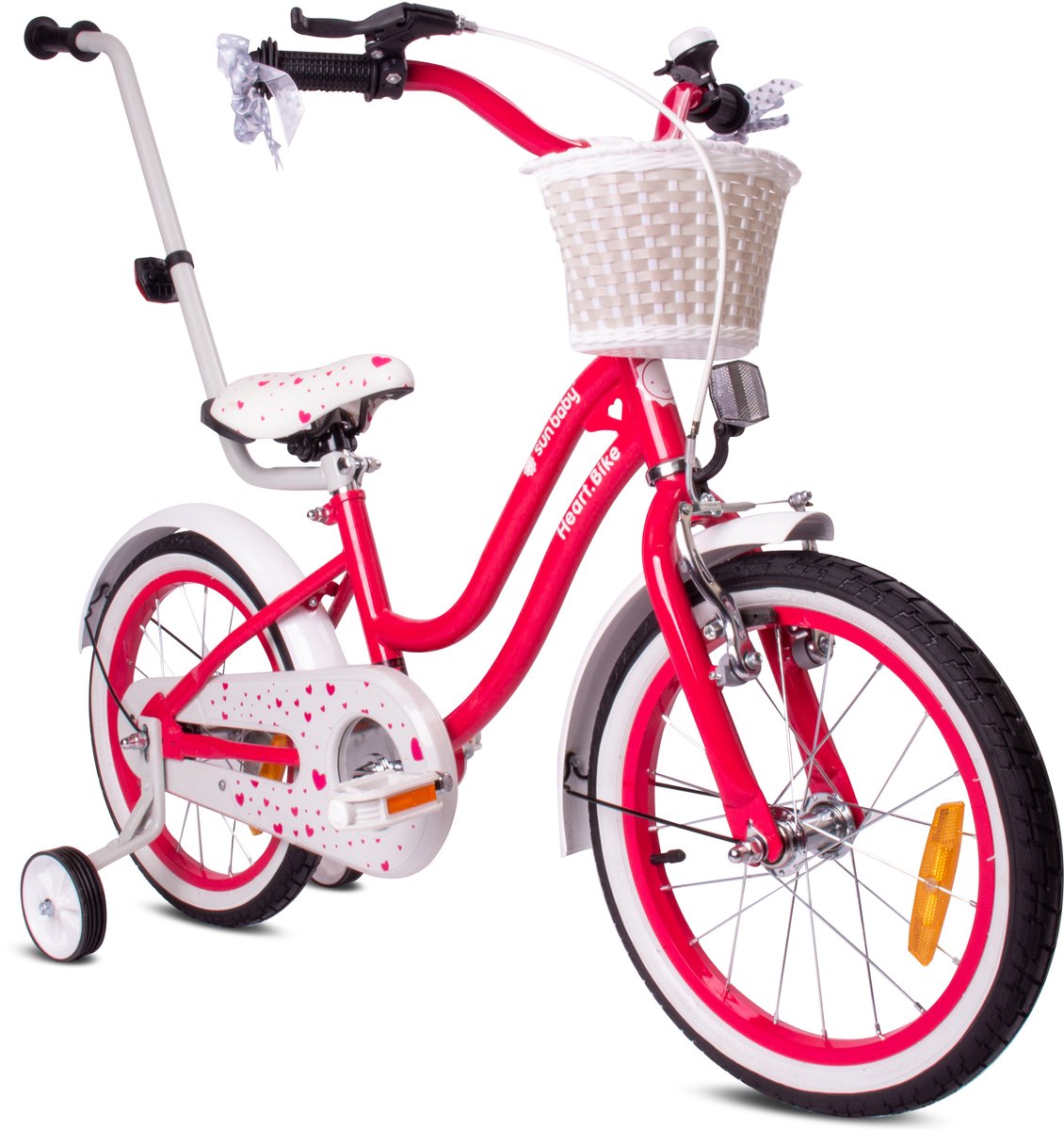 Heart Bike Fiets voor een meisje van 3 tot 5 jaar, 14 inch Framboos, Wit Goud, met duwstang, mand, bel Kinderfiets kopen online