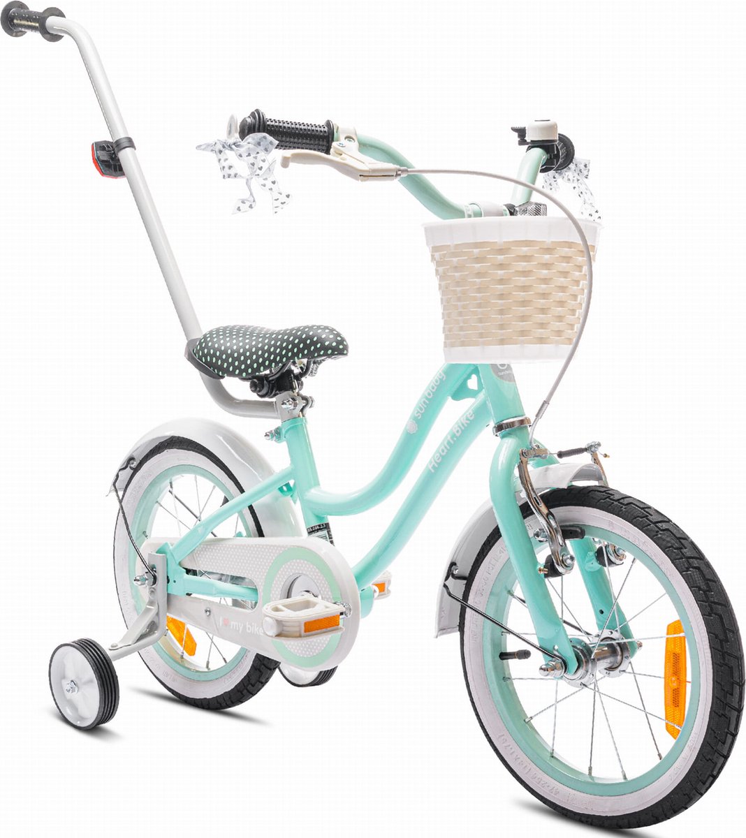 Heart Bike Fiets voor een meisje van 3 tot 5 jaar, 14 inch Mint, met fietsbel, zijwieltjes, duwstang en stuurmandje Kinderfiets kopen online