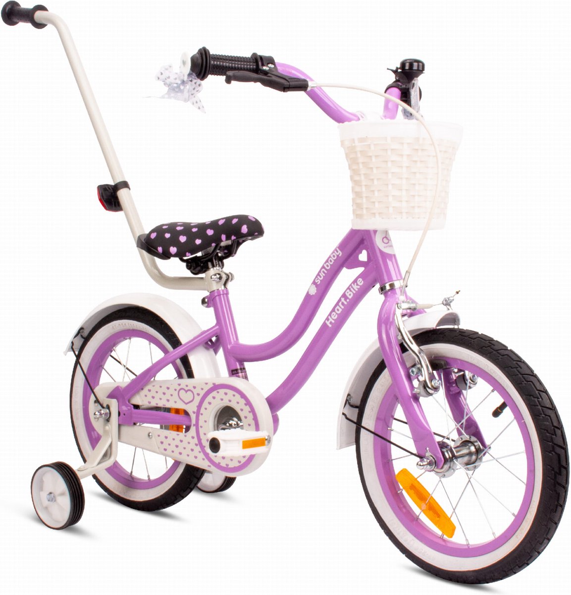 Heart Bike Fiets voor een meisje van 3 tot 5 jaar, 14 inch Paars, met fietsbel, zijwieltjes, duwstang en stuurmandje Kinderfiets kopen online
