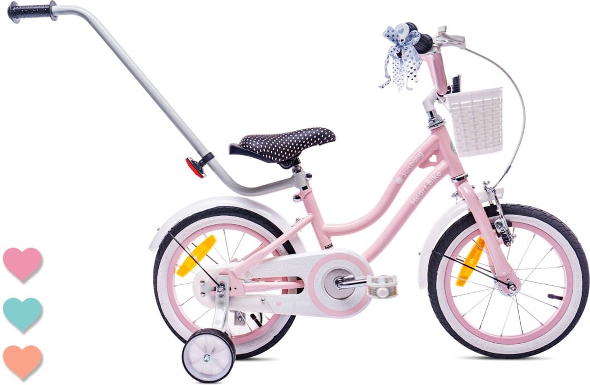 heart bike fiets voor een meisje van 3 tot 5 jaar 14 inch roze met fietsbel zijwieltjes duwstang en stuurmandje