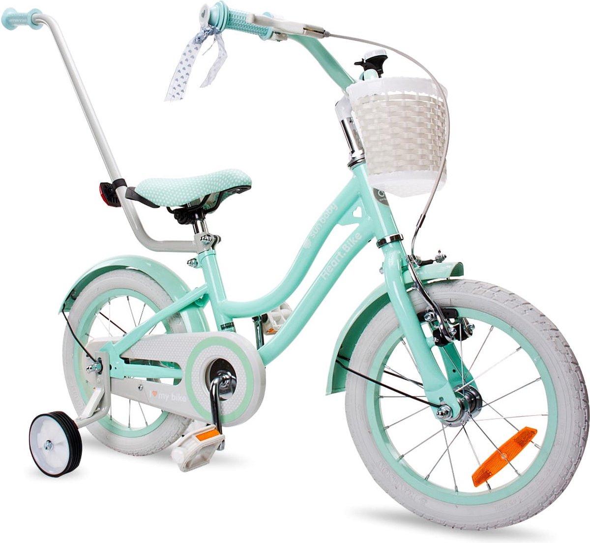 Heart Bike Fiets voor een meisje van 3 tot 5 jaar, 14 inch Silver Moon Mint, met fietsbel, zijwieltjes, duwstang en stuurmandje Kinderfiets kopen online