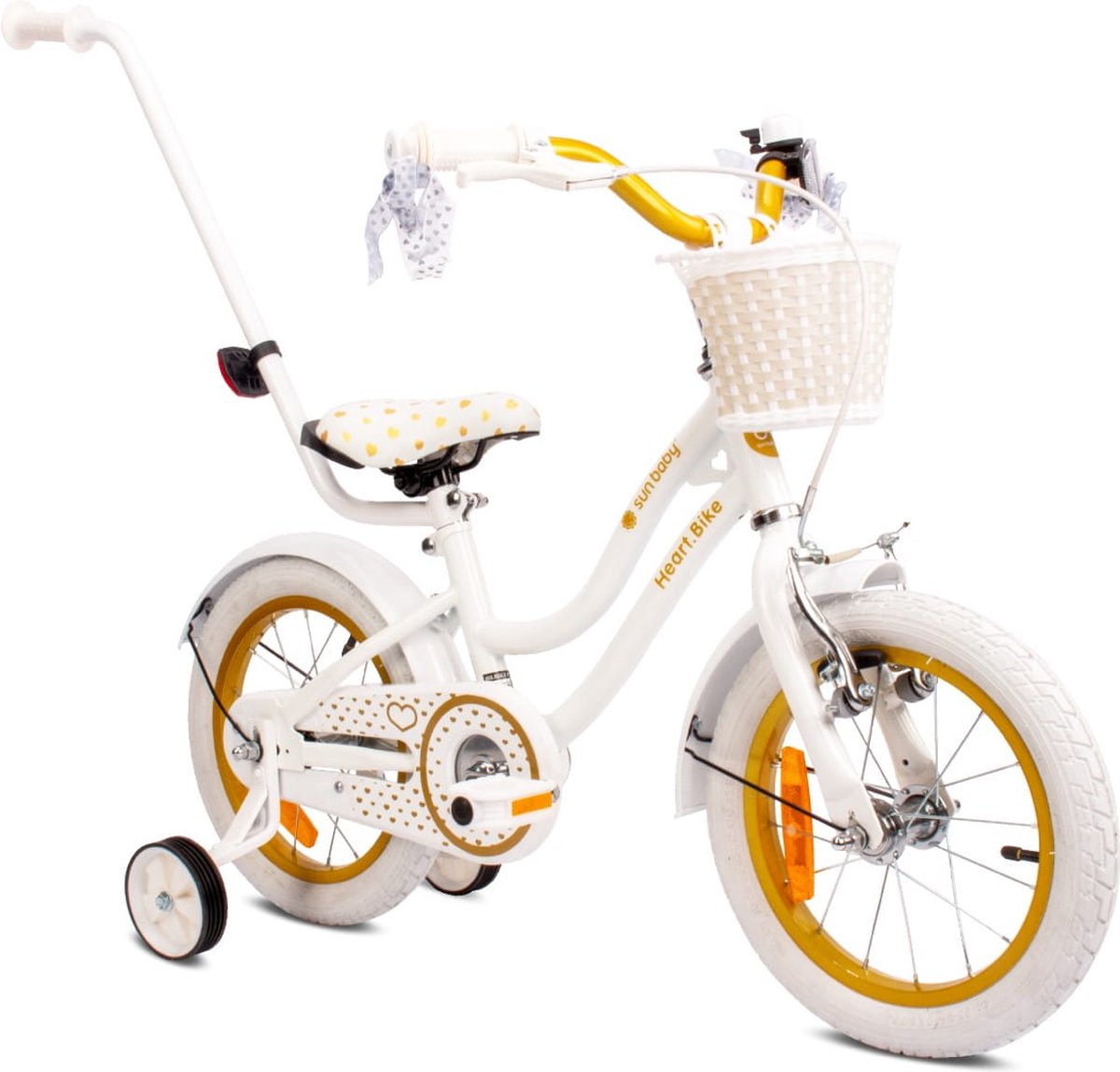 heart bike fiets voor een meisje van 3 tot 5 jaar 14 inch wit goud met fietsbel zijwieltjes duwstang en stuurmandje