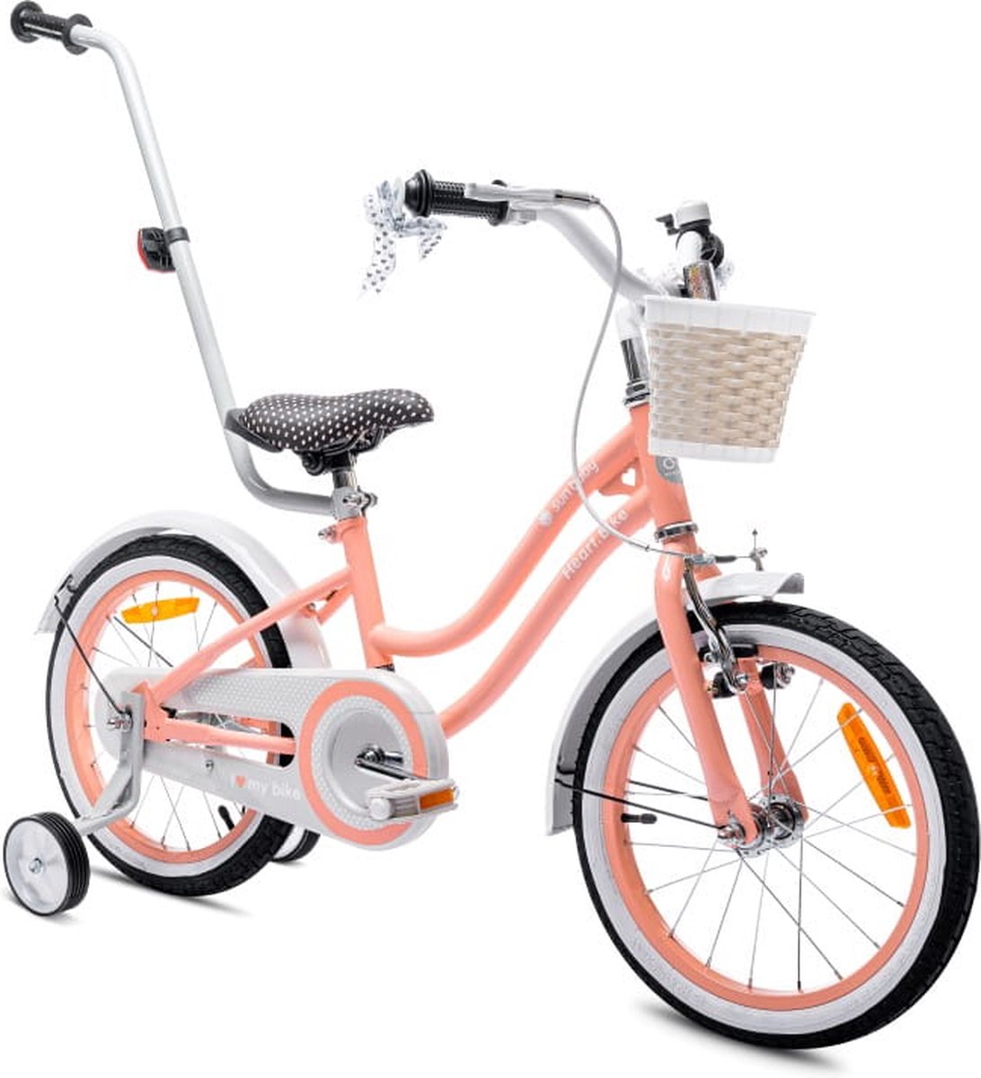 heart bike fiets voor een meisje van 4 tot 6 jaar 16 inch abrikoos met fietsbel zijwieltjes duwstang en stuurmandje