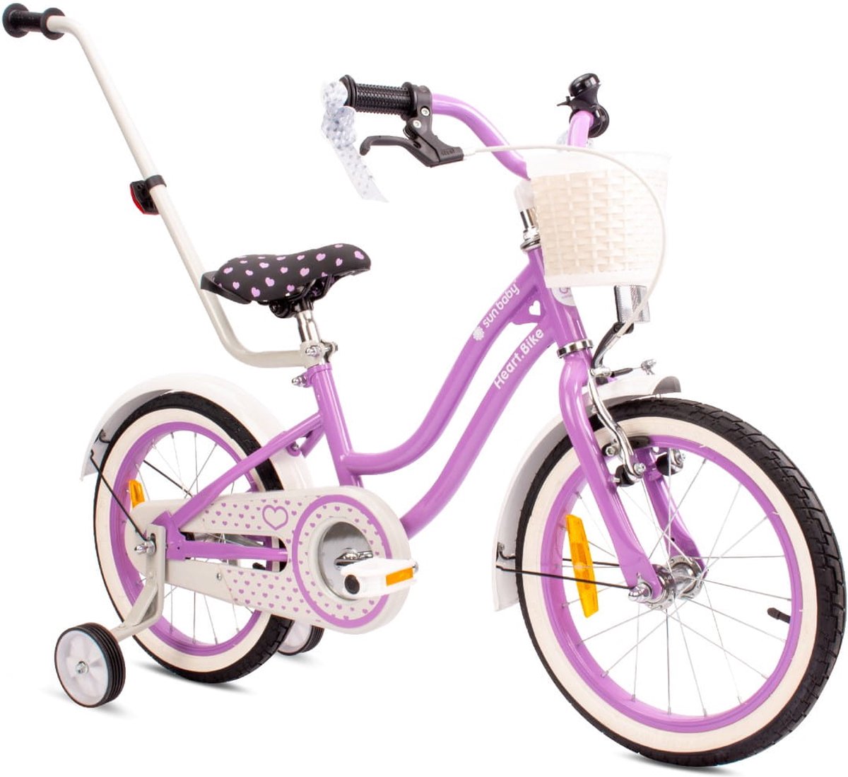 Heart Bike Fiets voor een meisje van 4 tot 6 jaar, 16 inch Paars, met fietsbel, zijwieltjes, duwstang en stuurmandje Kinderfiets kopen online