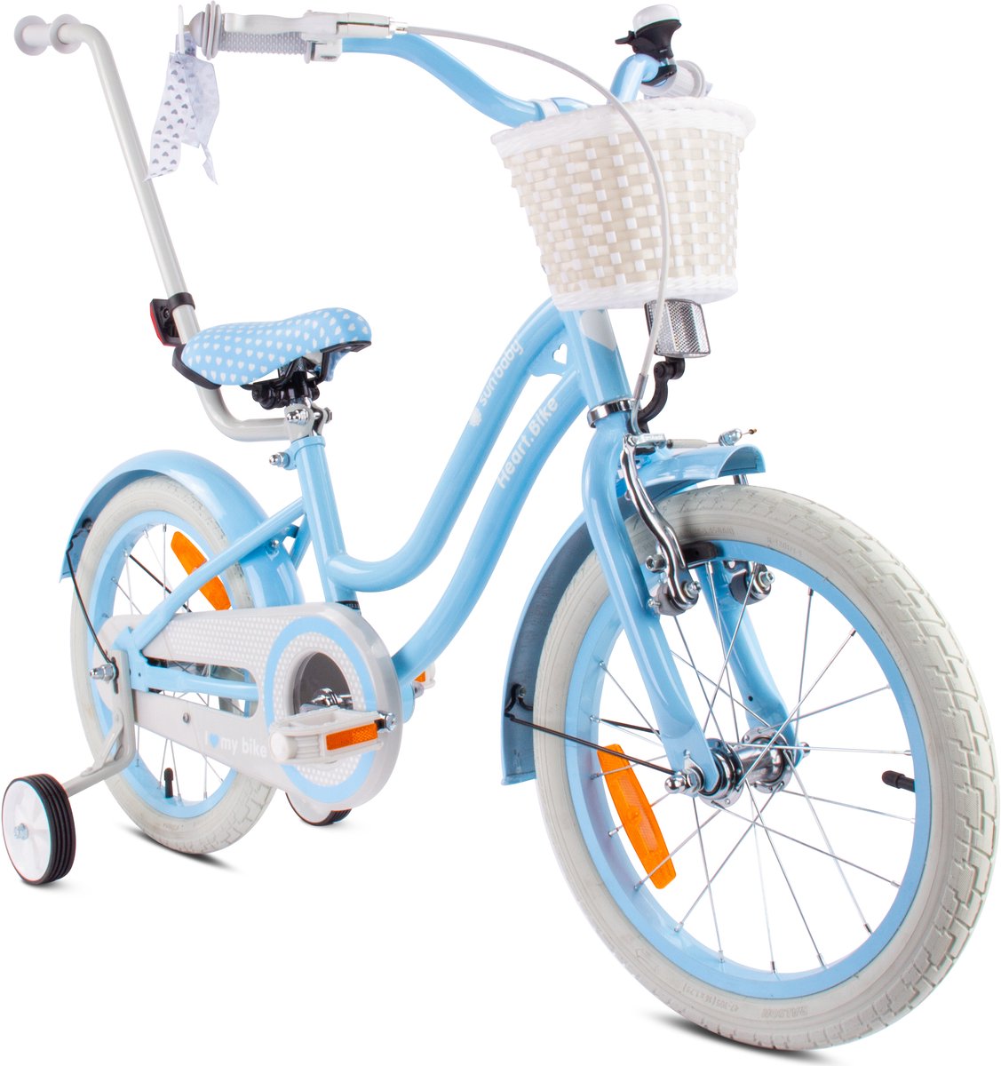 heart bike fiets voor een meisje van 4 tot 6 jaar 16 inch silver moon blauw wit goud met duwstang mand bel