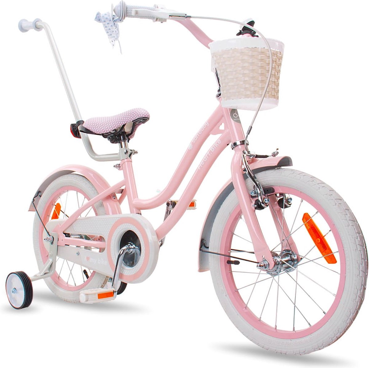 Heart Bike Fiets voor een meisje van 4 tot 6 jaar, 16 inch Silver Moon Roze, met fietsbel, zijwieltjes, duwstang en stuurmandje Kinderfiets kopen online