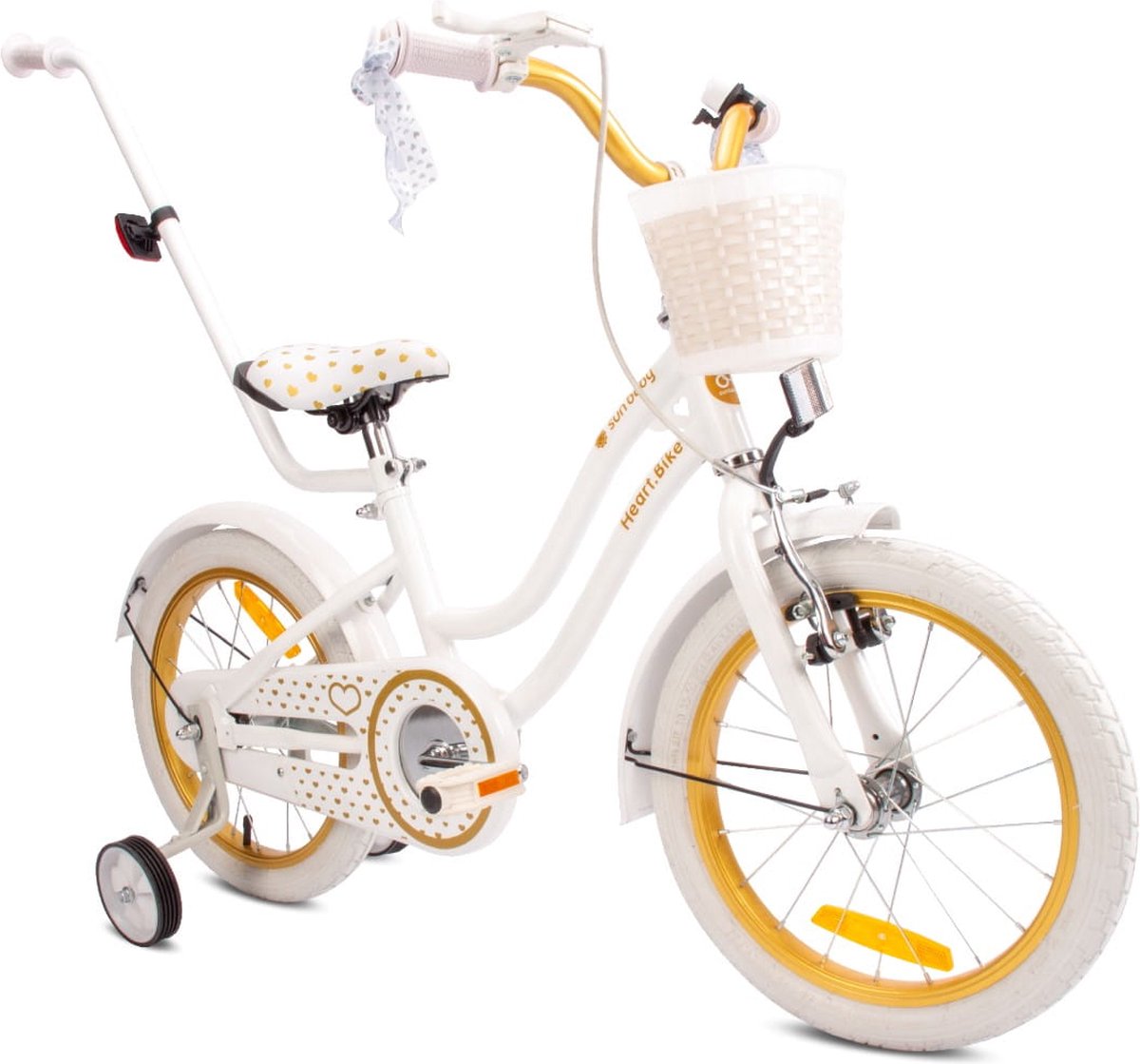 Heart Bike Fiets voor een meisje van 4 tot 6 jaar, 16 inch Wit Goud, met fietsbel, zijwieltjes, duwstang en stuurmandje Kinderfiets kopen online