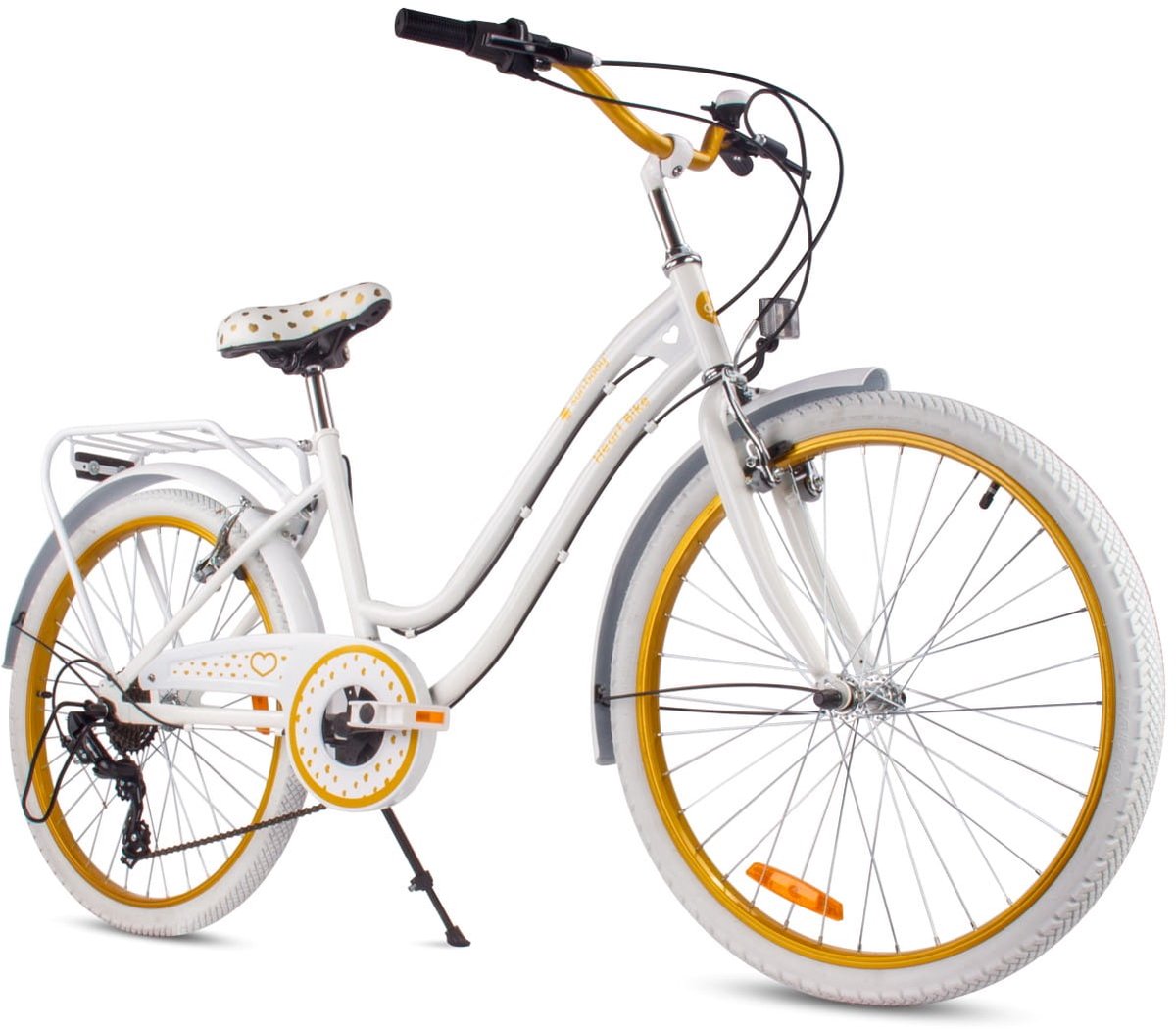 Heart Bike Kinderfiets 24 inch meisjes van 8 tot 12 jaar, Wit-Goud, Fiets voor een meisje met 7 versnellingen, bagagedrager, metalen spatborden, V-brake, kettingkast Kinderfiets kopen online