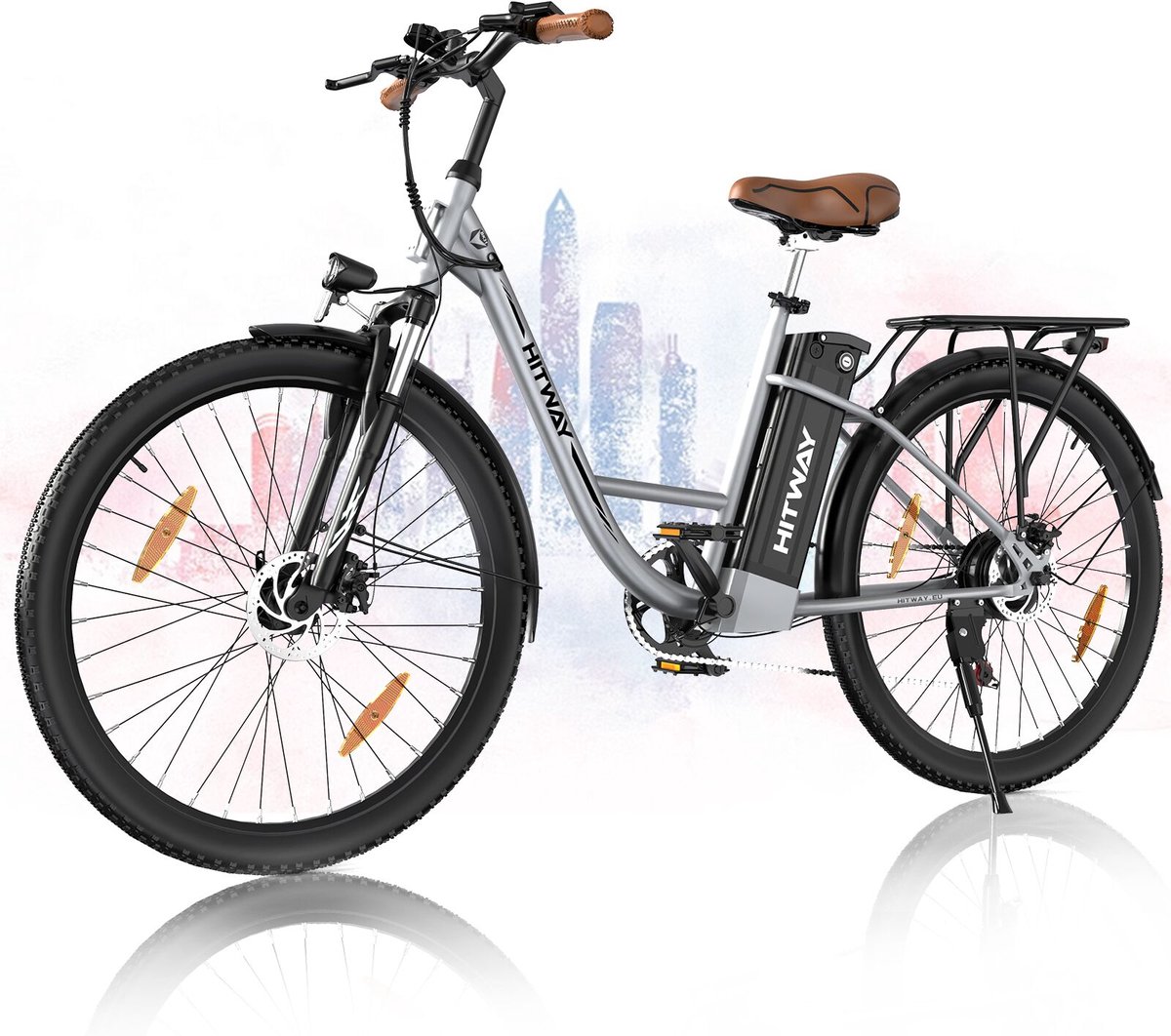 hitway bk31 elektrische stadsfiets 250w motor city commuter ebike 28 x2 band 36v 13ah batterij 70km max bereik dubbelschijfrem 7 versnellingen ip54 waterdicht zilver