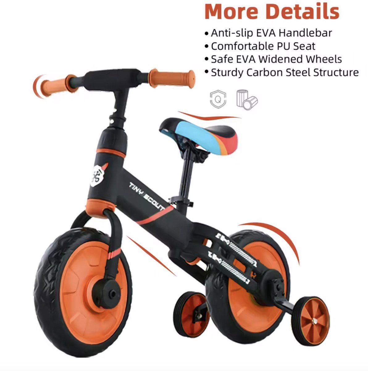 loopfiets kinderfiets kleuterfiets peuterfiets 4in1 kinderfiets afneembare trappers afneembare zijwieltjes verstelbaar zadel oranje zwart