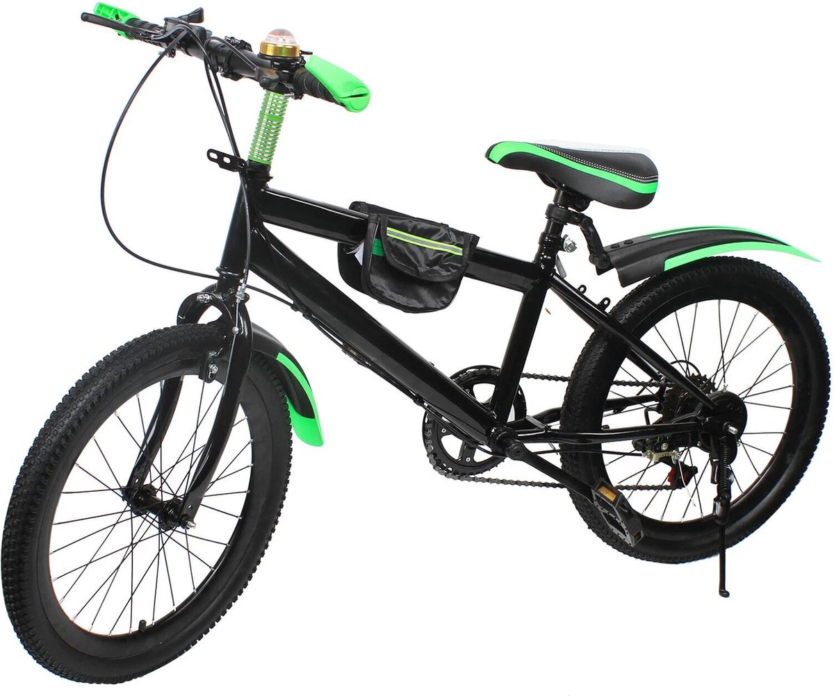 martico kinderfiets 20 inch 7 versnellingen verstelbaar met kompasbel remfiets syteem groen met opbergtas