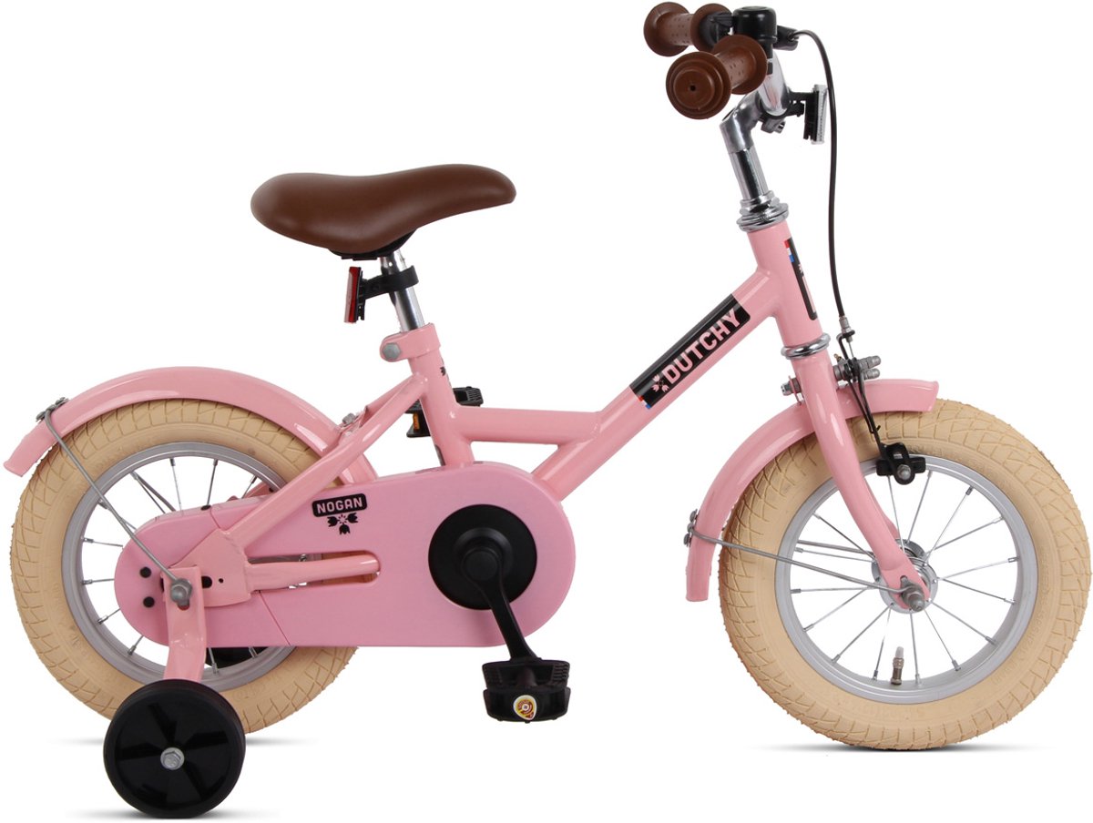 nogan dutchy kinderfiets 14 inch met zijwieltjes verstelbaar stuur zadel terugtraprem v brake glans roze