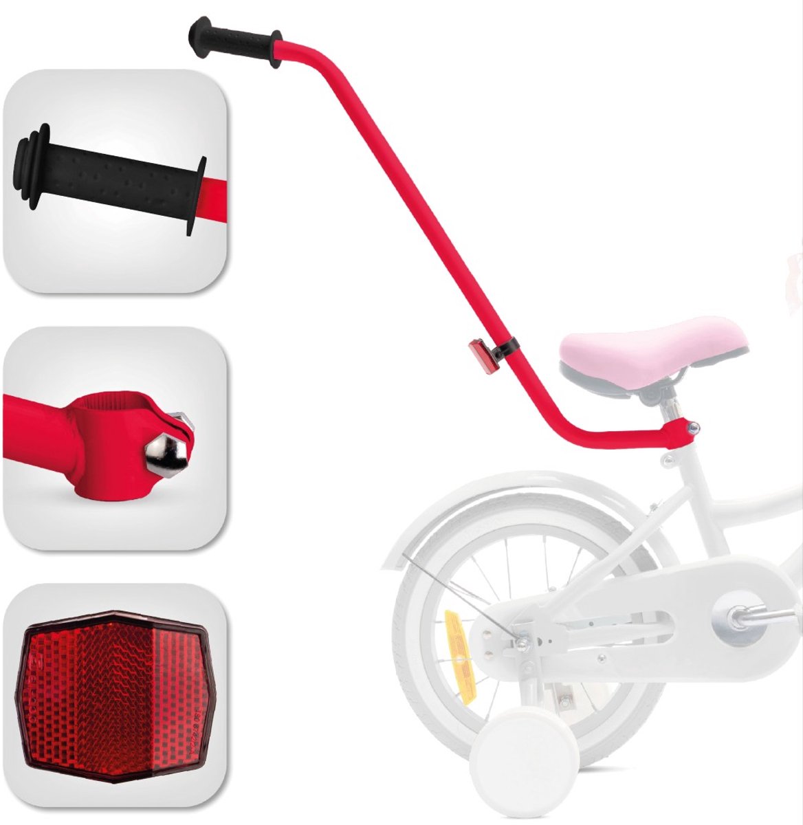 Sun Baby Duwstang voor kinderfiets - Donkerroze, met reflector, verstelbare fiets leerhulp accesoires fietsenleerhulp steunstang fietsstang Kinderfiets kopen online