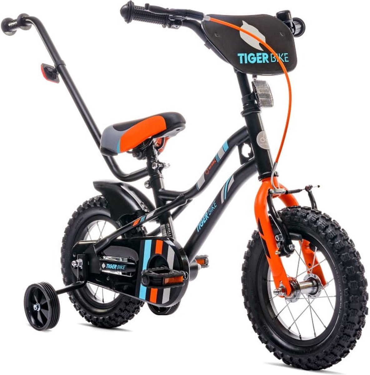 Tiger Bike Kinderfiets voor jongens 12 inch Oranje-Turkoois, leeftijd 2 tot 4 jaar, met zijwieltjes, duwstang, handrem Kinderfiets kopen online