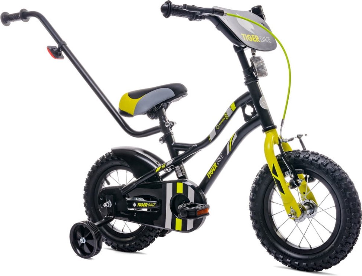 Tiger Bike Kinderfiets voor jongens 12 inch Zwart-Geel, leeftijd 2 tot 4 jaar, met zijwieltjes, duwstang, handrem Kinderfiets kopen online