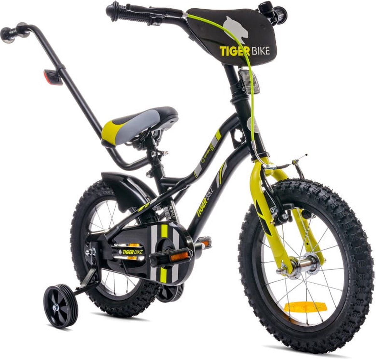 Tiger Bike Kinderfiets voor jongens 14 inch Zwart-Geel, leeftijd 3 tot 5 jaar, met zijwieltjes, duwstang, handrem Kinderfiets kopen online