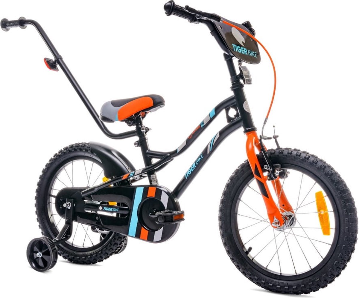 Tiger Bike Kinderfiets voor jongens 16 inch Oranje , leeftijd 4 tot 6 jaar, met zijwieltjes, duwstang, handrem Kinderfiets kopen online