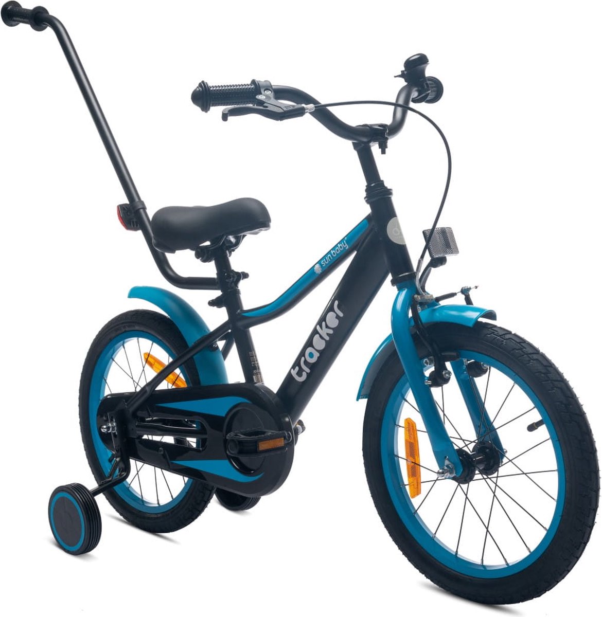 Tracker Bike Kinderfiets voor jongens 16 inch Blauw neon, leeftijd 4 tot 6 jaar, met zijwieltjes, duwstang, handrem Kinderfiets kopen online