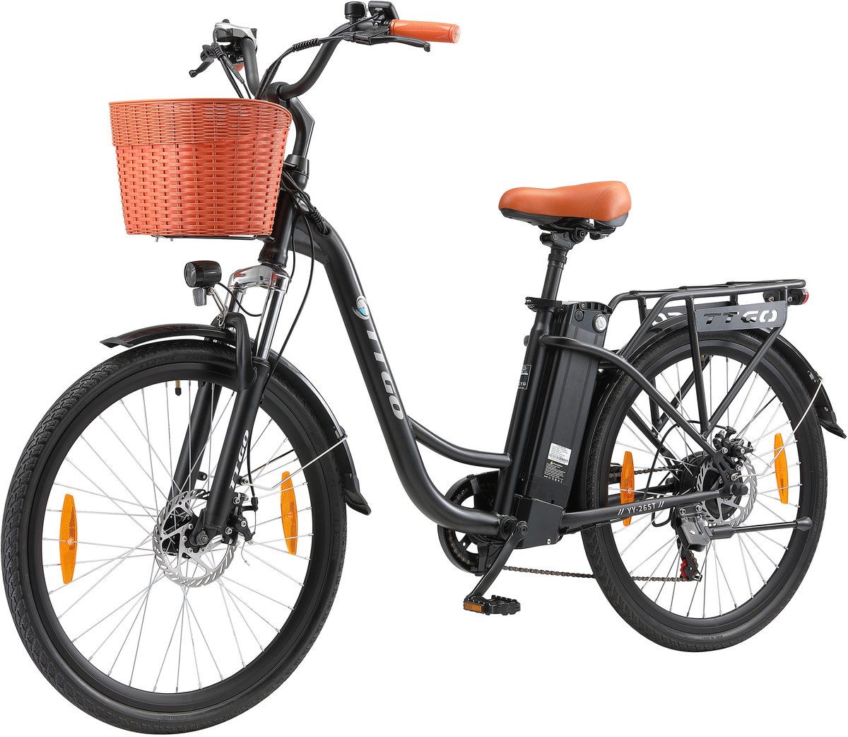 ttgo elektrische fiets yy 26st stadfiets met mand en bagagedrager 522wh batterij voor een bereik van 60 75 km elektrische fiets met wave frame en achterwielmotor shimano 6 versnellingsnaaf