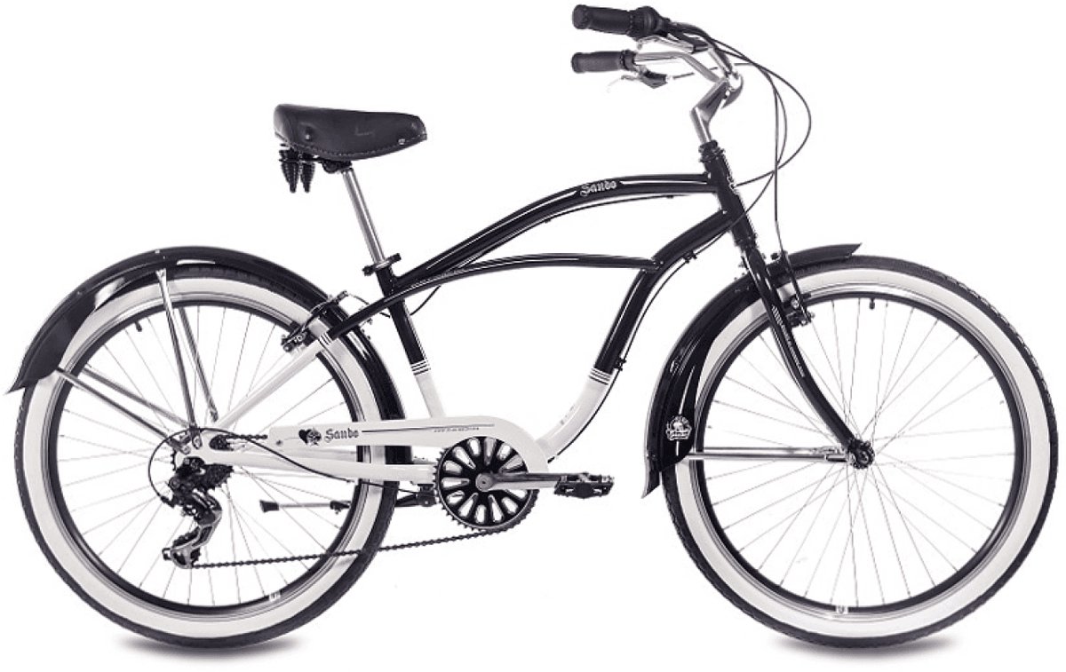 leader sando cruiser 26 inch meisjesfiets jongensfiets 6 versnellingen framemaat 41 cm zwart wit