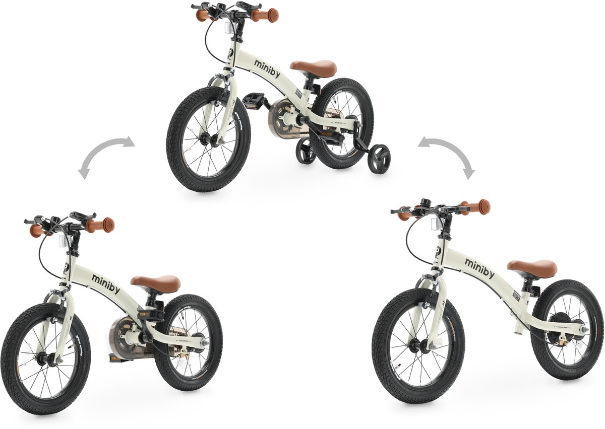 Qplay Miniby Kinderfiets 14 inch - 3 in 1 - loopfiets - Creme Kinderfiets kopen online