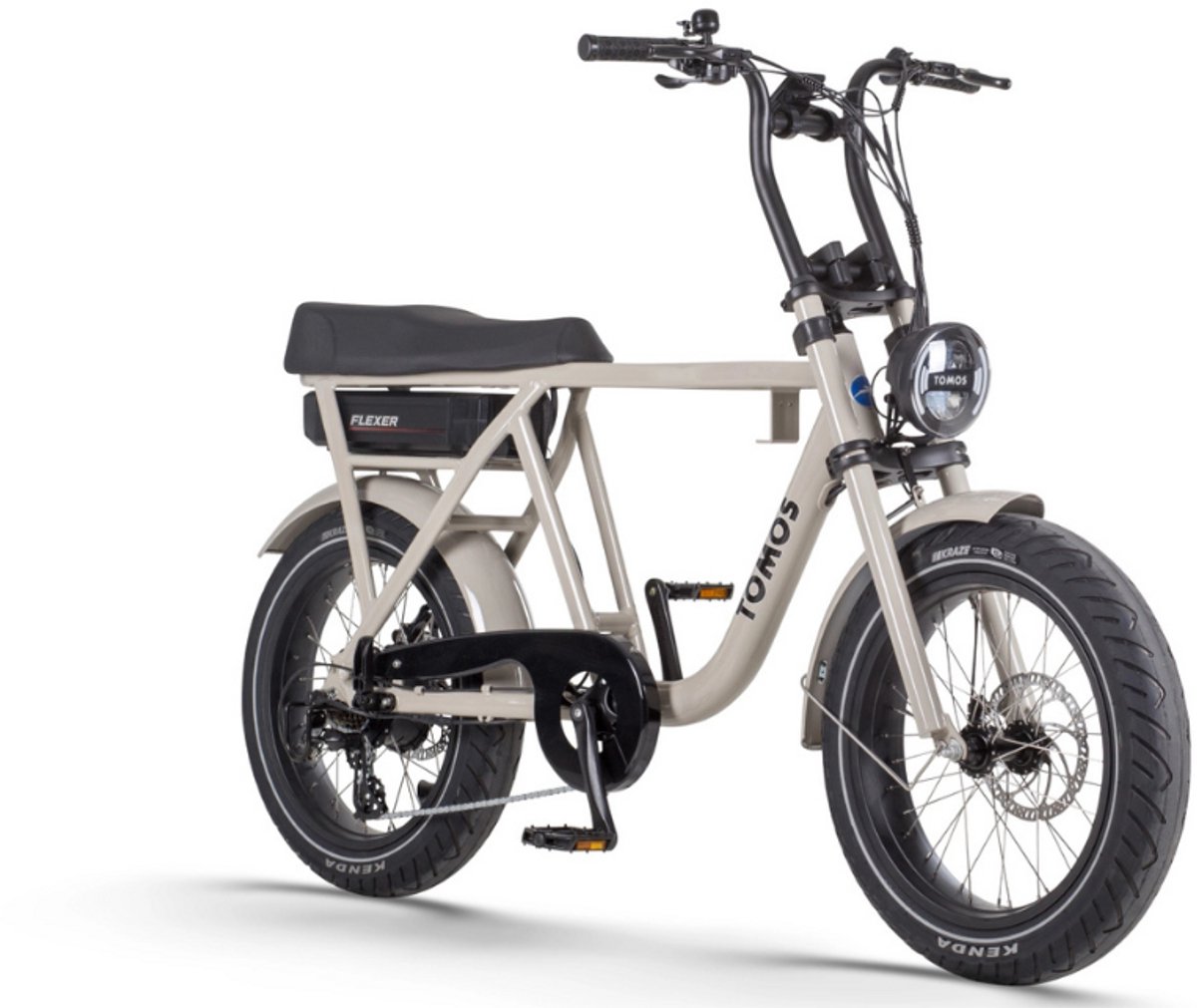tomos flexer elektrische fatbike hoge instap 20 inch 250w motor 7 versnellingen 100 km actieradius mechanische schijfremmen desert storm