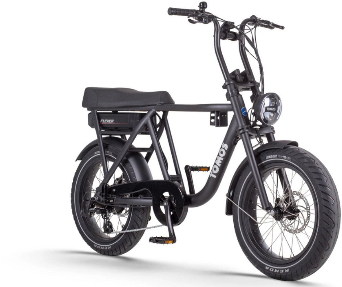tomos flexer elektrische fatbike hoge instap 20 inch 250w motor 7 versnellingen 100 km actieradius mechanische schijfremmen matt black