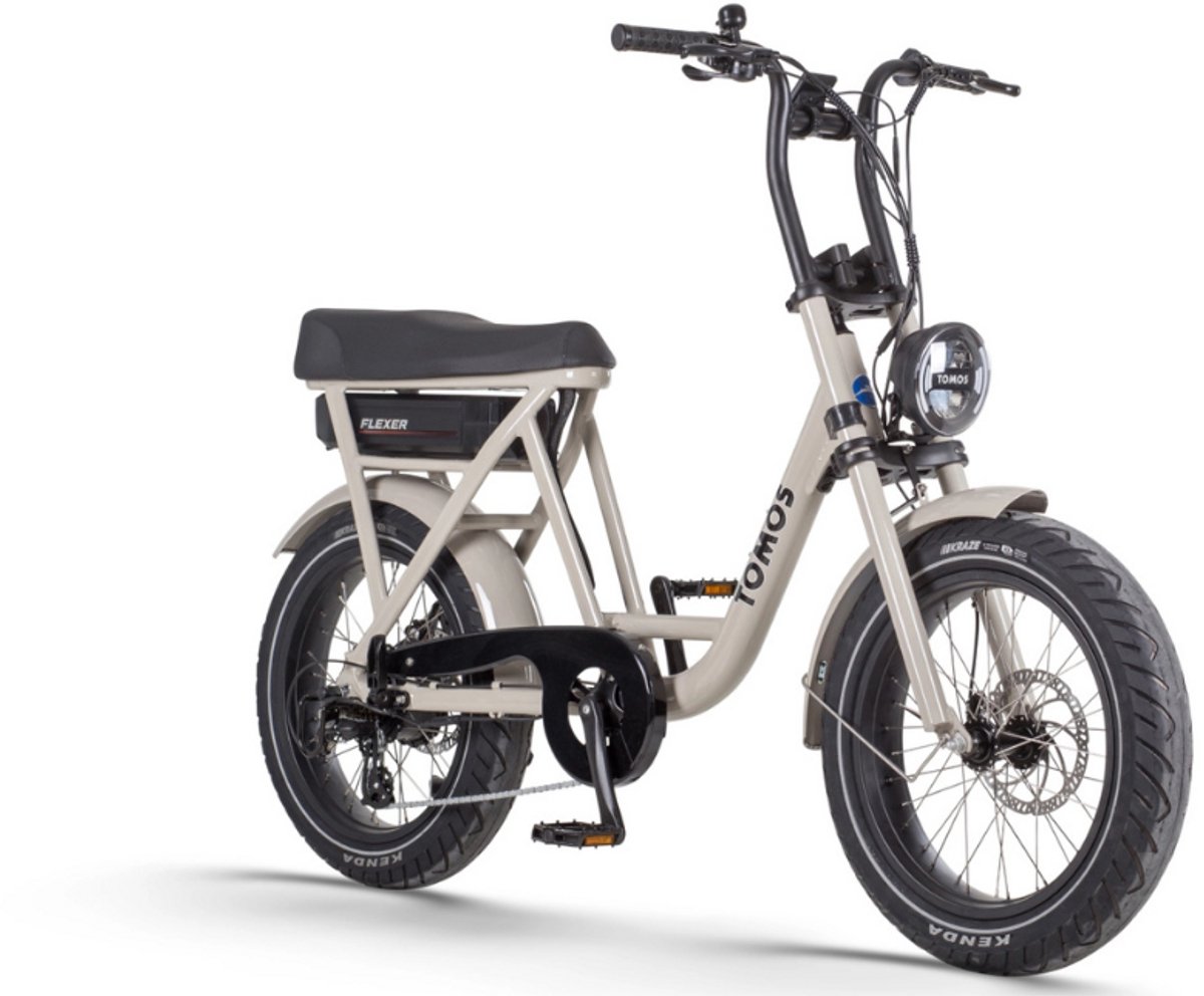 tomos flexer elektrische fatbike lage instap 20 inch 250w motor 7 versnellingen 100 km actieradius mechanische schijfremmen desert storm